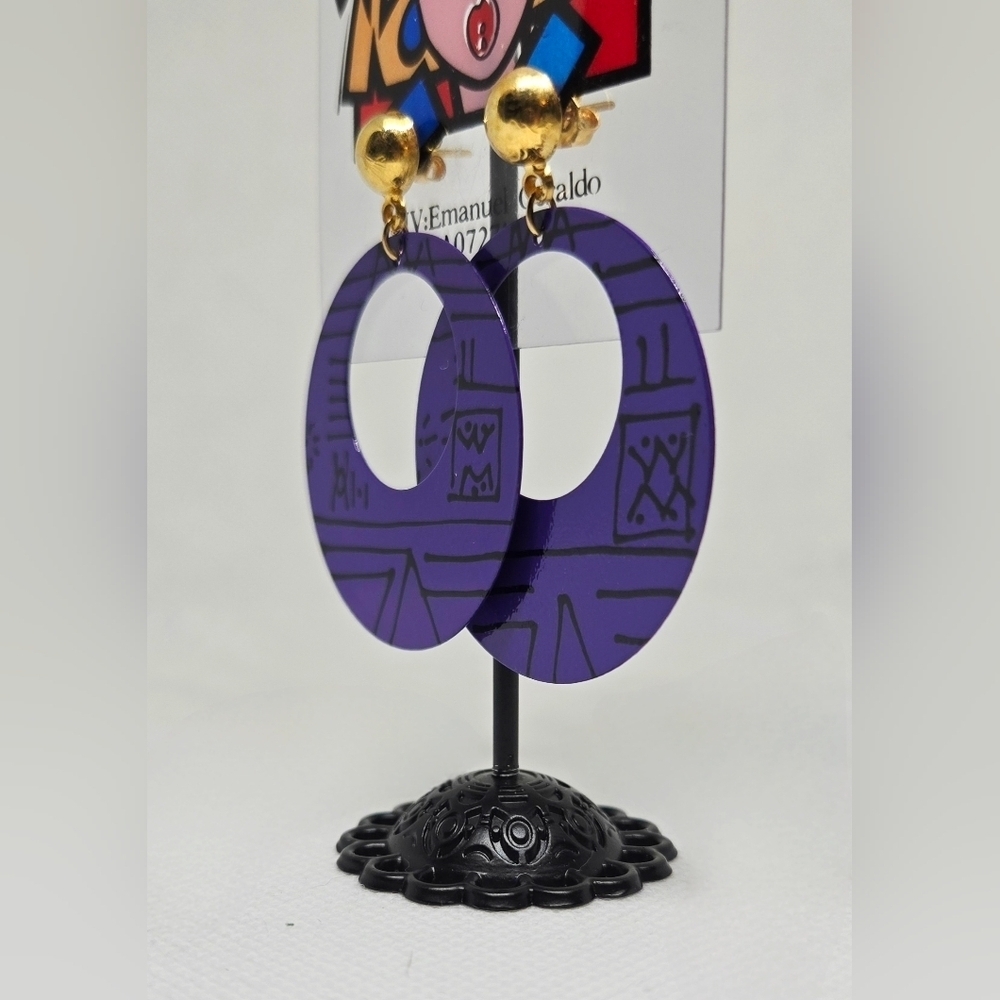 Vintage Goldie Purple Hoop Earrings Pop Art 80s Statement Dangle - Picture 3 of 7